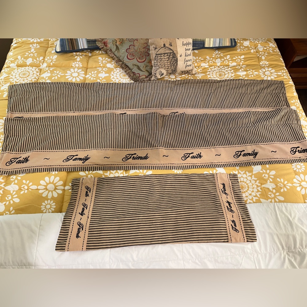 Ticking valance and Runner Set in tan and black, lined 2 valance